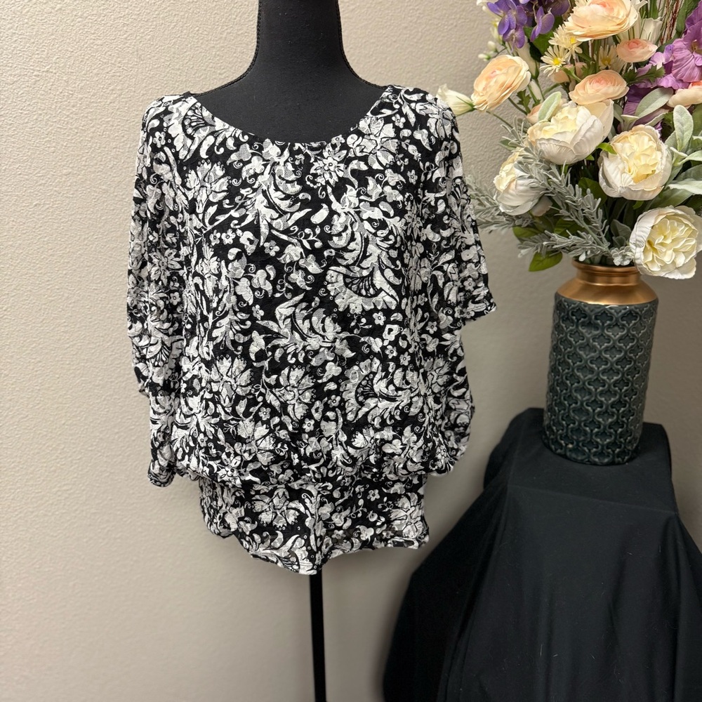 Style & Co Black White Floral Lace Overlay Blouse Top Women’s Size Large